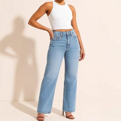 Women's Relaxed Fit Straight Leg Jeans - Mid-Rise Stretch Denim Pants In 6 Length/Color Options (Dark Blue/Light Blue Regular/Short/Long)_mkmklike.com