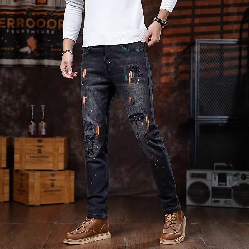 Men's Slim Fit Stretch Jeans Trendy Patchwork Ripped Straight Leg Midweight Long Pants Splatter Paint Color_mkmklike.com
