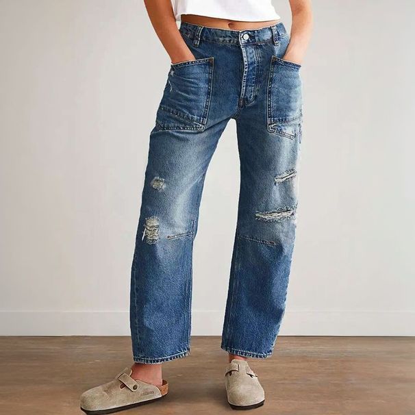Women's Ripped Jeans Elastic Waist Straight Leg Loose Fit Wide Leg Versatile Denim Perfect Relaxed Everyday Wear Versatile Comfortable Feshion Trend_mkmklike.com