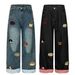 Vintage Washed Embroidered Dog Jeans – Unisex Straight-Leg, 56.8% Cotton, Mid-Rise, Rolled Cuff, Utility Pockets, Black/Blue, S-XL_mkmklike.com