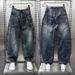 Men's Light Blue Washed Denim Jeans - Loose Fit Casual Streetwear Harem Pants For Spring & Summer Relaxed Fit Design_mkmklike.com