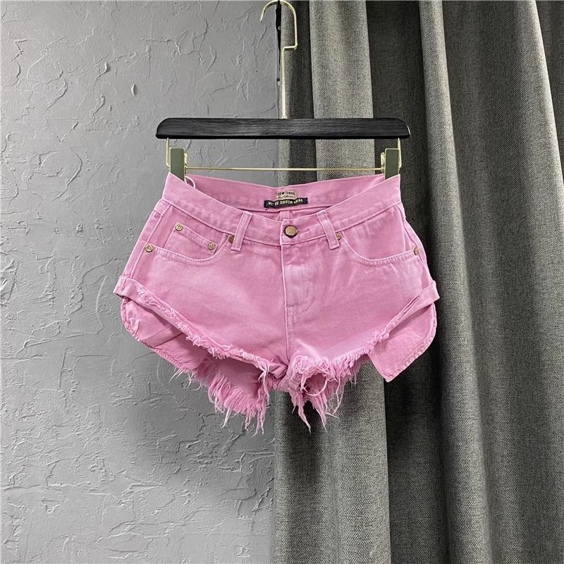 Low Waisted Pink Denim Shorts for Women Summer 2026 Style Exposed Pockets Wide Leg a Line Hot Pants Hot Girl Look_mkmklike.com