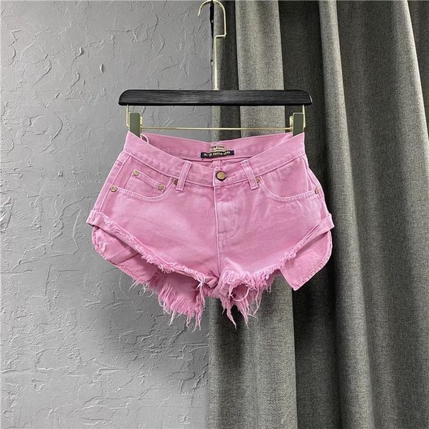 Low Waisted Pink Denim Shorts for Women Summer 2026 Style Exposed Pockets Wide Leg a Line Hot Pants Hot Girl Look_mkmklike.com