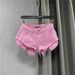 Low Waisted Pink Denim Shorts for Women Summer 2026 Style Exposed Pockets Wide Leg a Line Hot Pants Hot Girl Look_mkmklike.com