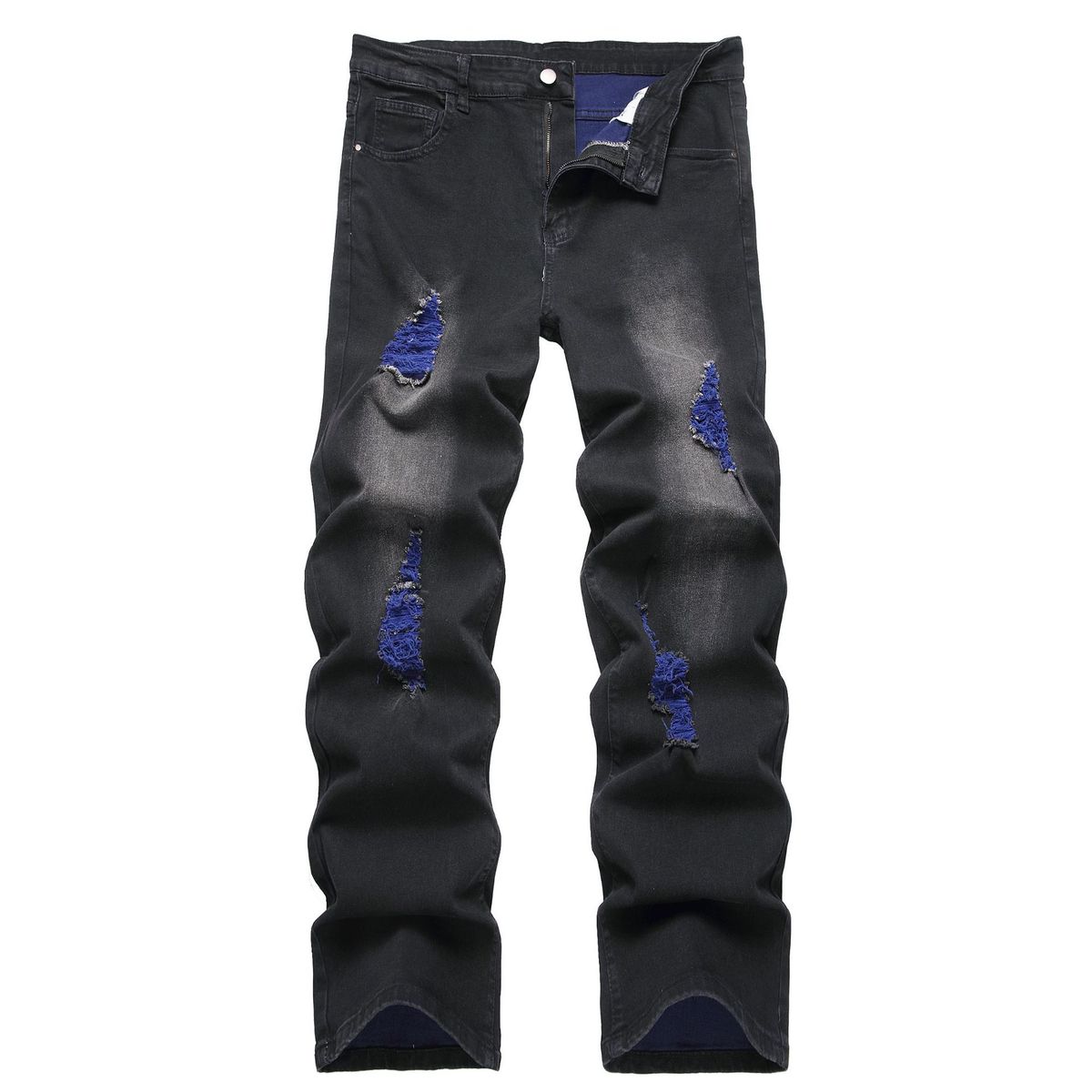 Men's Distressed Straight-Leg Jeans – Relaxed Fit Stretch Denim (30-46, Black Washed)_mkmklike.com