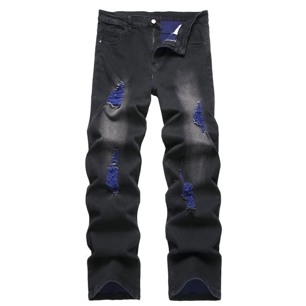 Men's Distressed Straight-Leg Jeans – Relaxed Fit Stretch Denim (30-46, Black Washed)_mkmklike.com