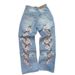Men's Clothing Retro Personality Street Flower Embroidered Jeans Men And Women Casual Loose Trousers_mkmklike.com