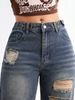 Women's Clothing Adjustable Waistband Distressed And Stylish High Waist Adjustable Jeans With Distressed Details & Straight Leg Design - Blue_mkmklike.com