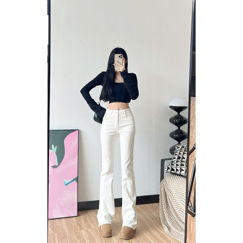 Spring And Autumn Fleece-Lined White High-Waisted Slimming Stretchy Straight-Leg Pants Trendy Slightly Flared Jeans For_mkmklike.com