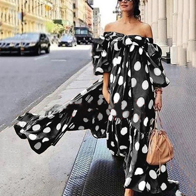 Women's dress strapless polka dot casual bohemian long dress slimming dress_mkmklike.com