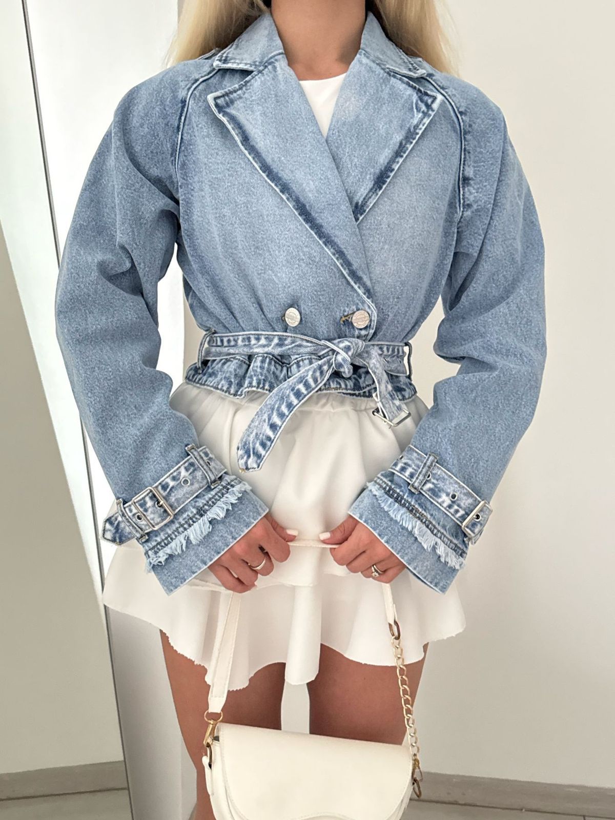Women's Clothing Denim Shirt Jacket With Polo Collar - Oversized Long Sleeve Streetwear Coat For Casual Chic Style_mkmklike.com