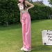 Pink Wide Leg Jeans High Waisted Straight Loose Fit Slimming Floor Length Pants Summer Style Thin plus Size Women's Denim_mkmklike.com