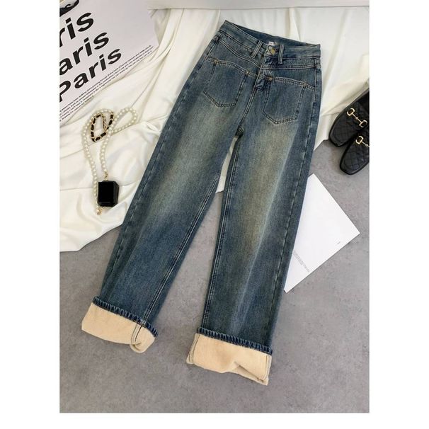 Women's Clothing Winter Flare Jeans, High Waist Wide Leg Pants With Fleece Lining, Retro Loose Fit Denim Trousers For Casual & Office (Dark Blue)_mkmklike.com