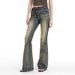 Vintage Low-Rise Flared Jeans For Women – 70s Retro Stretch Denim With Distressed Details (XS-XL, Classic Blue)_mkmklike.com