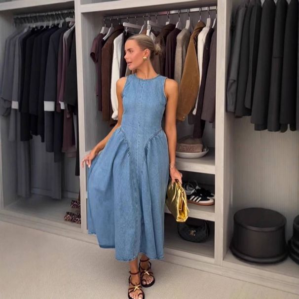 Women's Clothing Temperament Sleeveless Backless Lace Up Denim Skirt_mkmklike.com