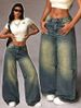 Vintage High Waist Wide Leg Jeans For Women - Retro Loose Fit Denim Pants With Washed Effect, Olive Green Straight Leg Trousers_mkmklike.com