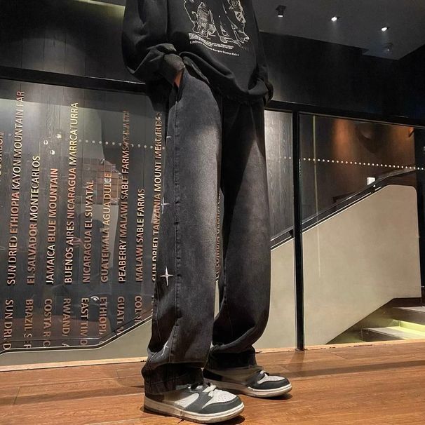 Men's Clothing Hip Hop American Retro Star Hip Hop Vintage Star Jeans - Loose Fit Straight Leg Denim Pants For Casual Streetwear (Blue/Black, S-3XL)_mkmklike.com