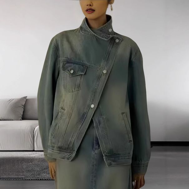 Women's Clothing Designer Asymmetrical Button Denim Jacket For Women, Casual Oversized Coat With Stand Collar, Trendy Streetwear Top_mkmklike.com