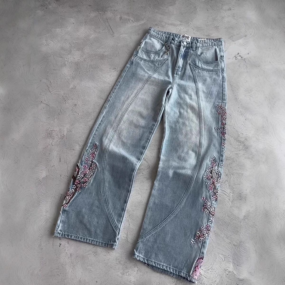 Men's Y2K Heavy Duty Floral Embroidered Jeans Street Style Midweight Straight Leg Mid Waist Black Blue_mkmklike.com
