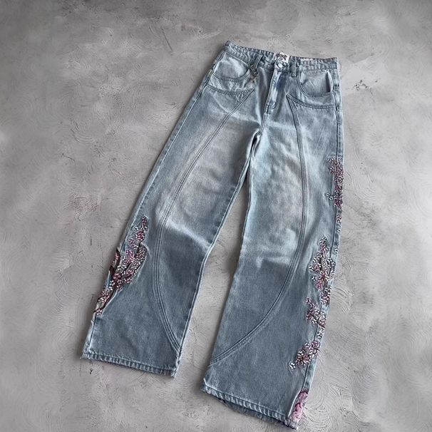 Men's Y2K Heavy Duty Floral Embroidered Jeans Street Style Midweight Straight Leg Mid Waist Black Blue_mkmklike.com