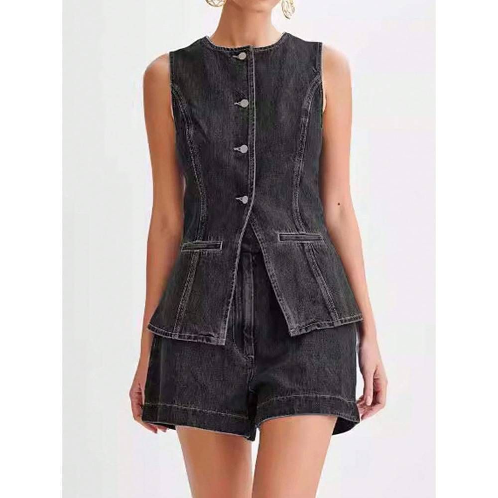 Best-selling Trendy Denim Sleeveless Top And Shorts Set For Europe And America_mkmklike.com