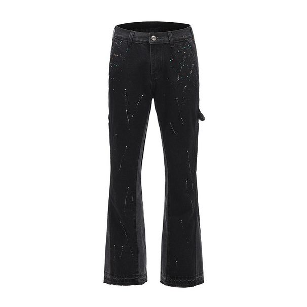 Men's Clothing High Street Style Structured Stitching Ink Splash Flared Jeans_mkmklike.com