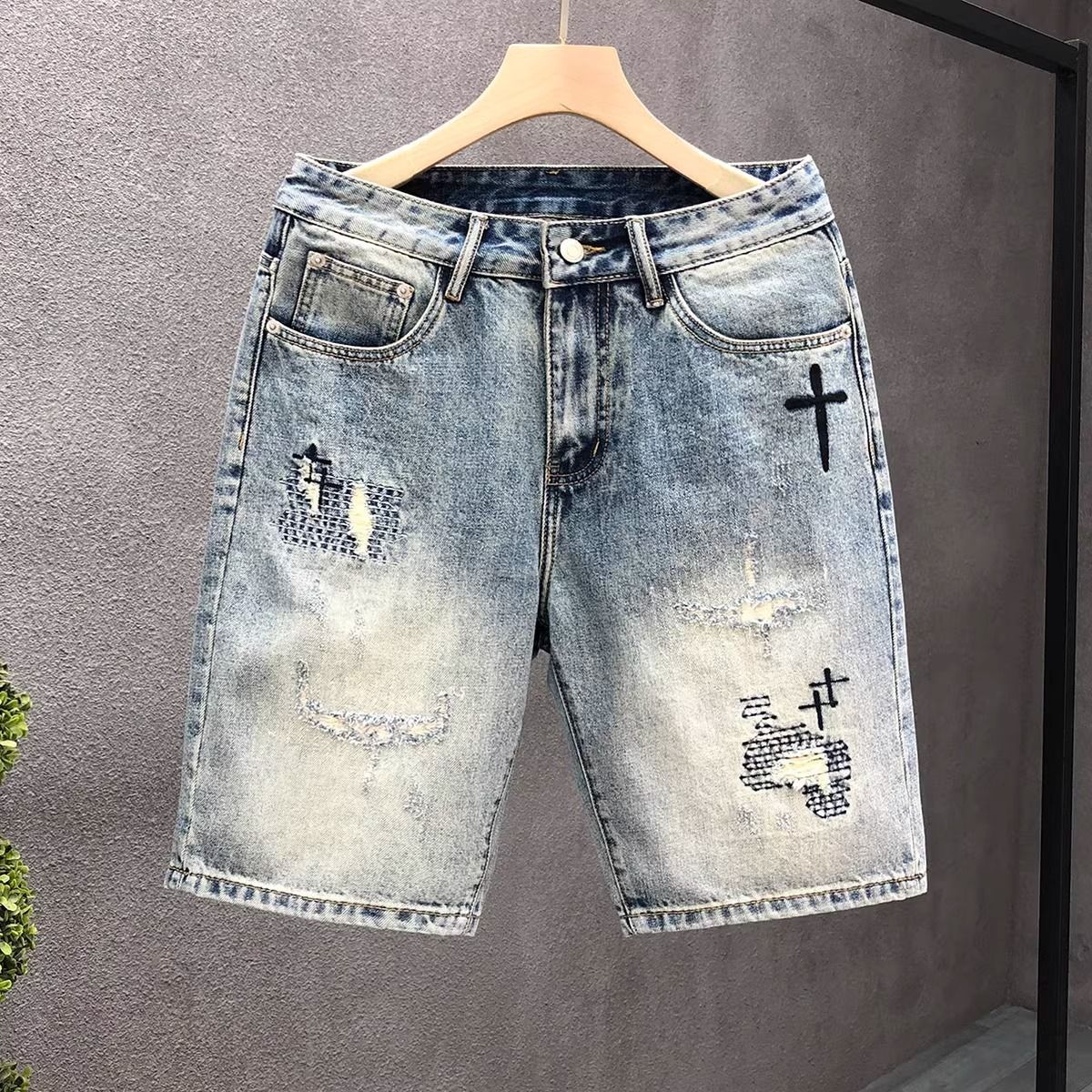 Men's Mid-Length Embroidered Denim Shorts Breathable Cotton Blend Stretch Casual Summer Shorts Blue Sizes 28-36_mkmklike.com
