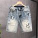 Men's Mid-Length Embroidered Denim Shorts Breathable Cotton Blend Stretch Casual Summer Shorts Blue Sizes 28-36_mkmklike.com