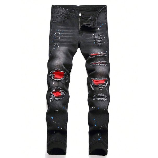 Men's Clothing Ripped Black Jeans Men's Spot Korean Version Basic Straight Type Hand Painted_mkmklike.com