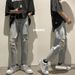 Vintage Straight Leg Distressed Denim Jeans For Men, High Street Fashion Ripped Nine-Part Pants, Trendy Streetwear_mkmklike.com