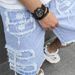 Men's Distressed Denim Shorts – Mid-Length Washed High-Street Cutoffs (Light Blue, 30-40 Waist, Cotton, Straight Leg, Raw Hem, No Stretch)_mkmklike.com