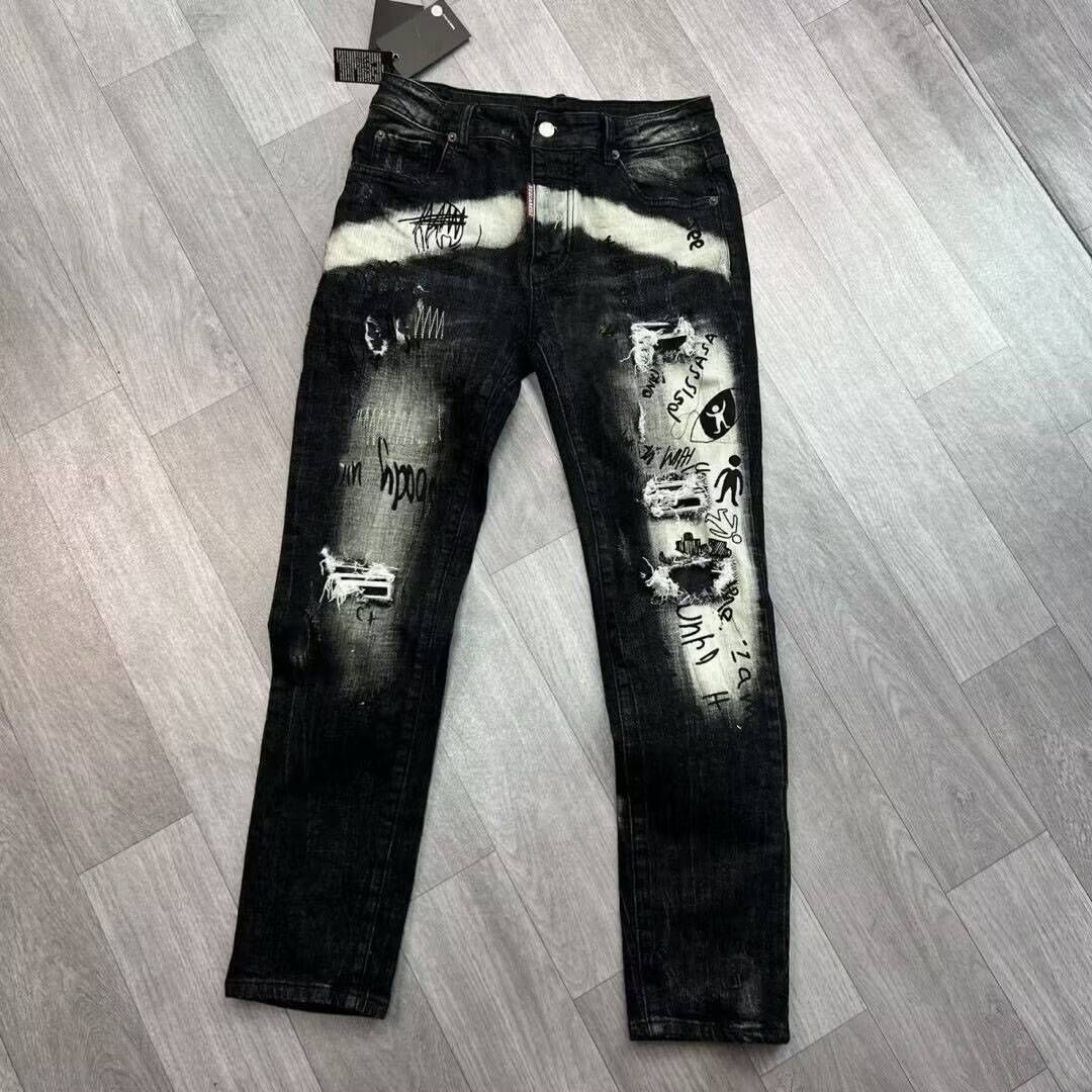 Men's Premium Stretch Jeans – Distressed Graffiti Print Slim Fit Denim Pants With Patchwork & Splatter Paint Design – Comfortable Cotton_mkmklike.com
