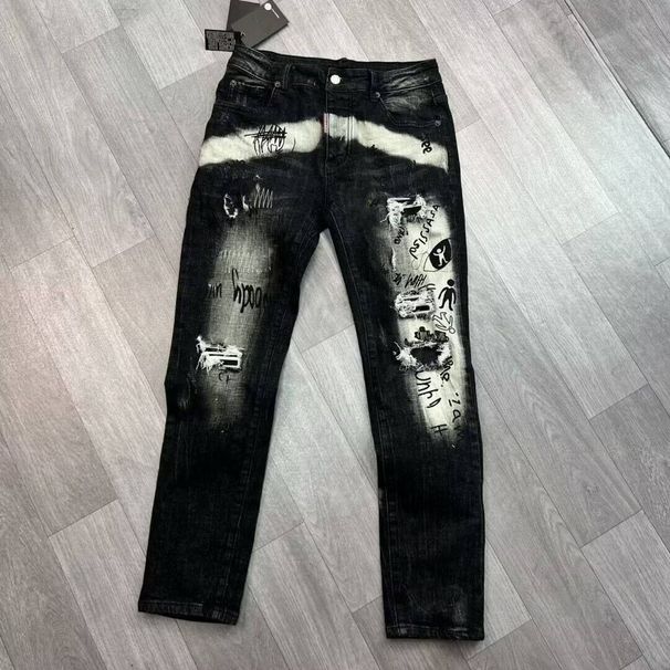 Men's Premium Stretch Jeans – Distressed Graffiti Print Slim Fit Denim Pants With Patchwork & Splatter Paint Design – Comfortable Cotton_mkmklike.com