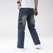 Men's Dark Blue Straight Leg Cargo Jeans Non-Stretch Casual Versatile Multiple Design Techniques_mkmklike.com