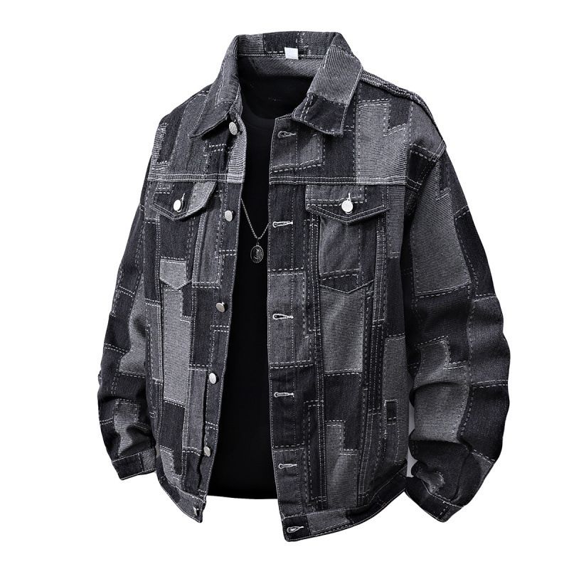 Men's Color-Block Plaid Denim Jacket – Long Sleeve Vintage Casual Coat, Streetwear Fashion_mkmklike.com