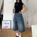 Plus Size High Waist Flared Denim Shorts For Women Vintage Retro Wide Leg Mid-Length Summer Casual Comfortable Cotton Stretch_mkmklike.com