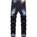 Men's Slim Fit Stretch Ripped Jeans Dark Blue Multi Layered Design Trousers_mkmklike.com