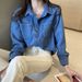 Vintage Hong Kong Style Denim Shirt For Women - Retro Blue Oversized Button Down Shirt With Classic Collar, Casual & Office Wear_mkmklike.com
