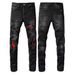 American High Street Ripped Jeans Personalized Red Patch Trendy Black Elastic Small Foot Slim Pants_mkmklike.com