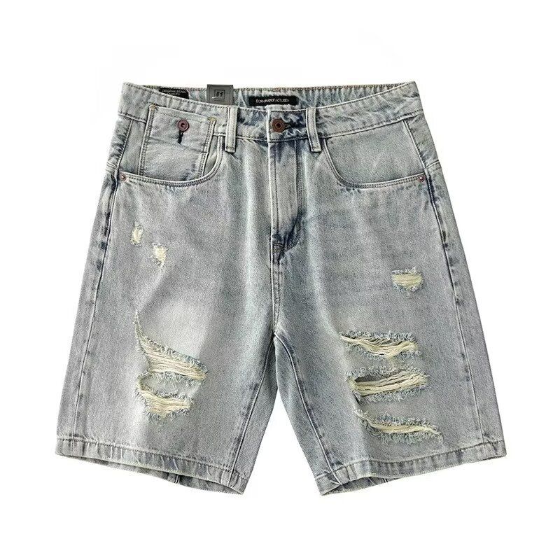 Men's Clothing Washed Ripped Denim Shorts Summer Thin Mid-Length American Street Style Loose Straight Sports Pants_mkmklike.com