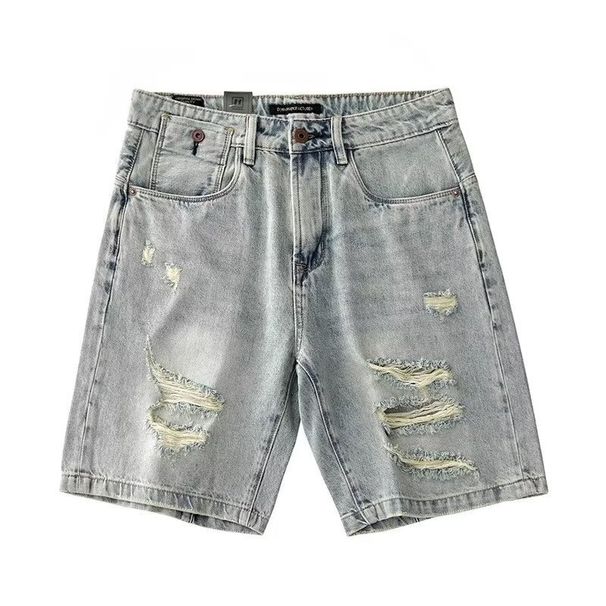 Men's Clothing Washed Ripped Denim Shorts Summer Thin Mid-Length American Street Style Loose Straight Sports Pants_mkmklike.com