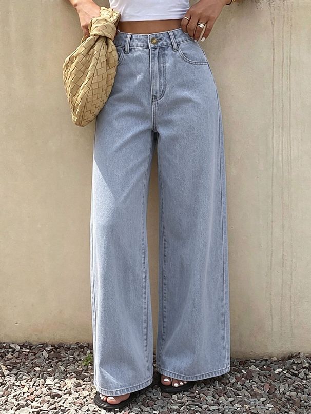 TK173 Women's Low Waisted Wide Leg Jeans Retro Solid Color Distressed Loose Fit Floor Length Pants_mkmklike.com