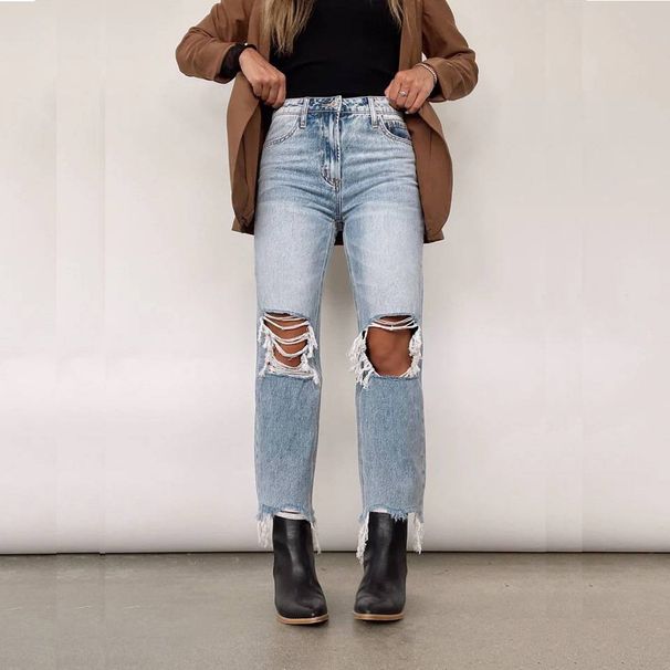 Women's Clothing Retro High Waisted Ripped Straight Jeans_mkmklike.com