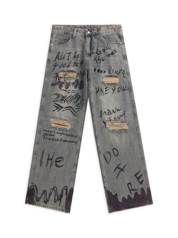 Men's Graffiti Washed Jeans – Vintage Loose Straight Leg Denim Pants With Distressed Details (S-XXL)_mkmklike.com