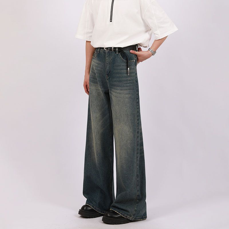 Men's Clothing Vintage Washed Wide-Leg Jeans – 90s Retro High-Waisted Distressed Denim Pants With Raw Hem & Relaxed Fit (Unisex S-XXL, Classic Blue)_mkmklike.com