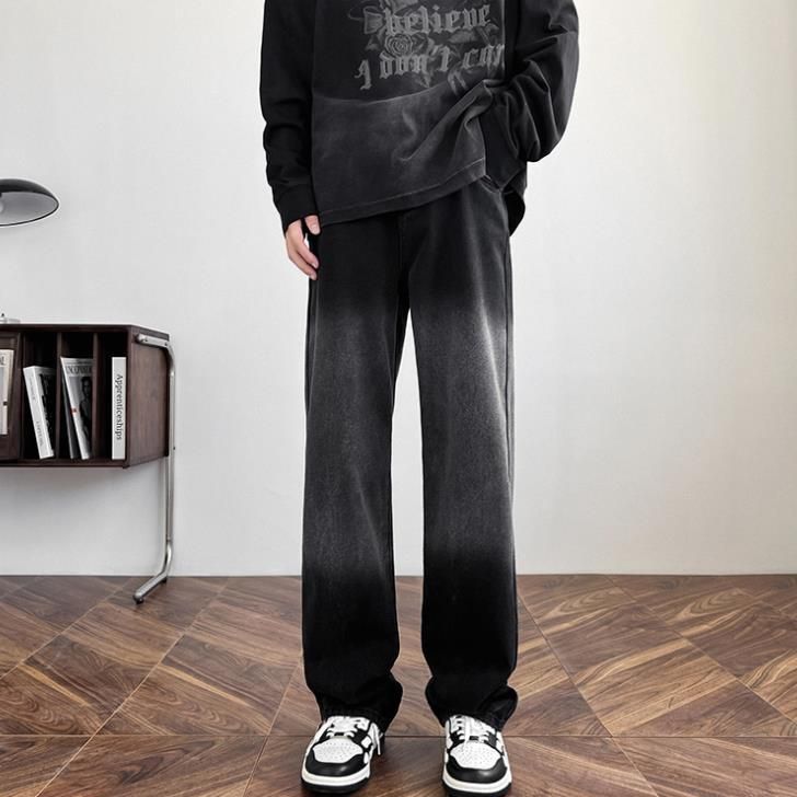 Men's Clothing Men's American Style Black Gradient Jeans High Street Washed Distressed Straight Leg Loose Fit Casual Wide Leg Pants_mkmklike.com