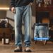 Unisex Retro Washed Light Blue Jeans Loose Straight Leg Casual Trousers Trendy Spring Autumn_mkmklike.com