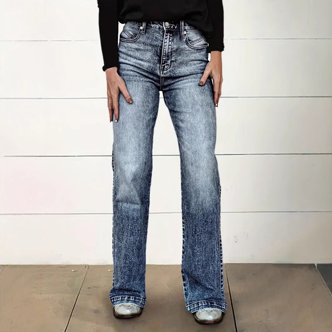 Women's Washed Stretch mid Rise Casual Straight Leg Jeans Versatile Fashionable Cotton Denim for Spring/Autumn Summer_mkmklike.com