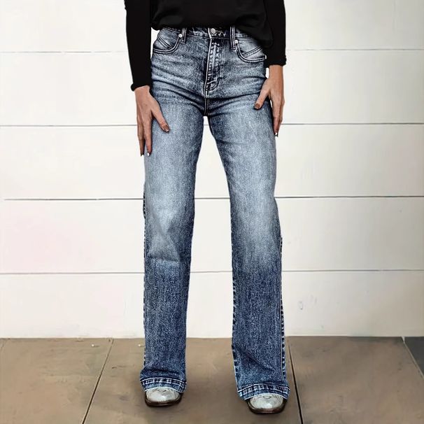 Women's Washed Stretch mid Rise Casual Straight Leg Jeans Versatile Fashionable Cotton Denim for Spring/Autumn Summer_mkmklike.com