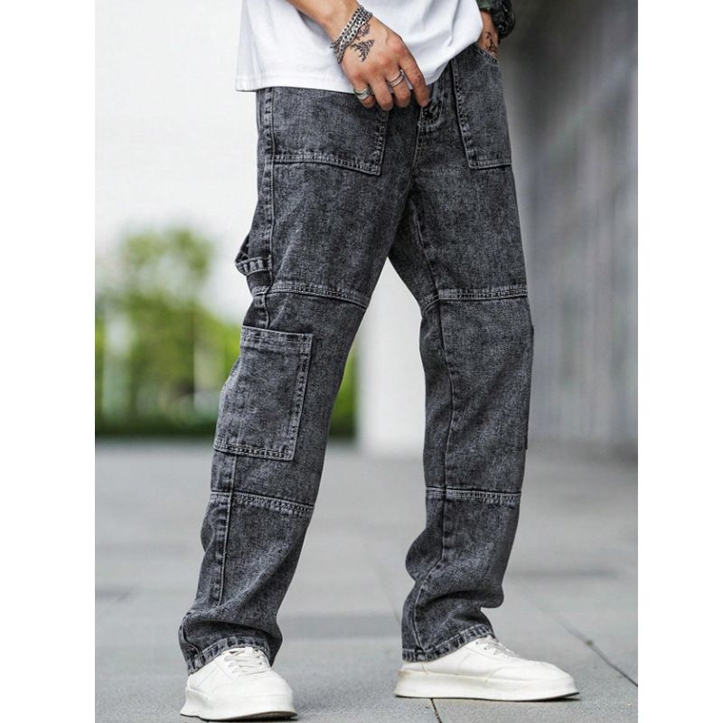 Men's Clothing Men's Fashion Jeans, Black Straight Leg Pocket Work Jeans NK361_mkmklike.com